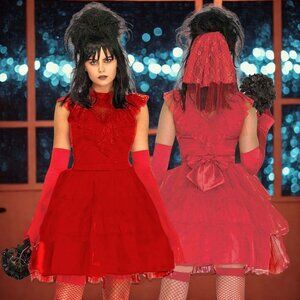 Beetle Bride Costume Womens Size L Red Wedding Dress and Veil